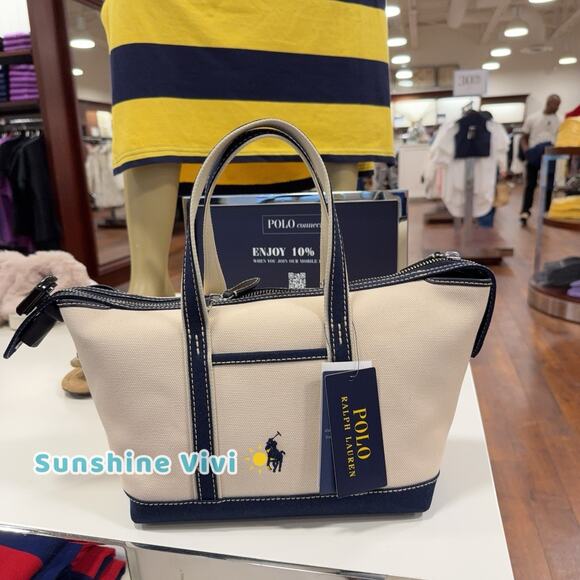 NWT Polo Ralph Lauren Canvas Zip Travel Tote Bag Crossbody Ecru /Navy - Picture 1 of 5